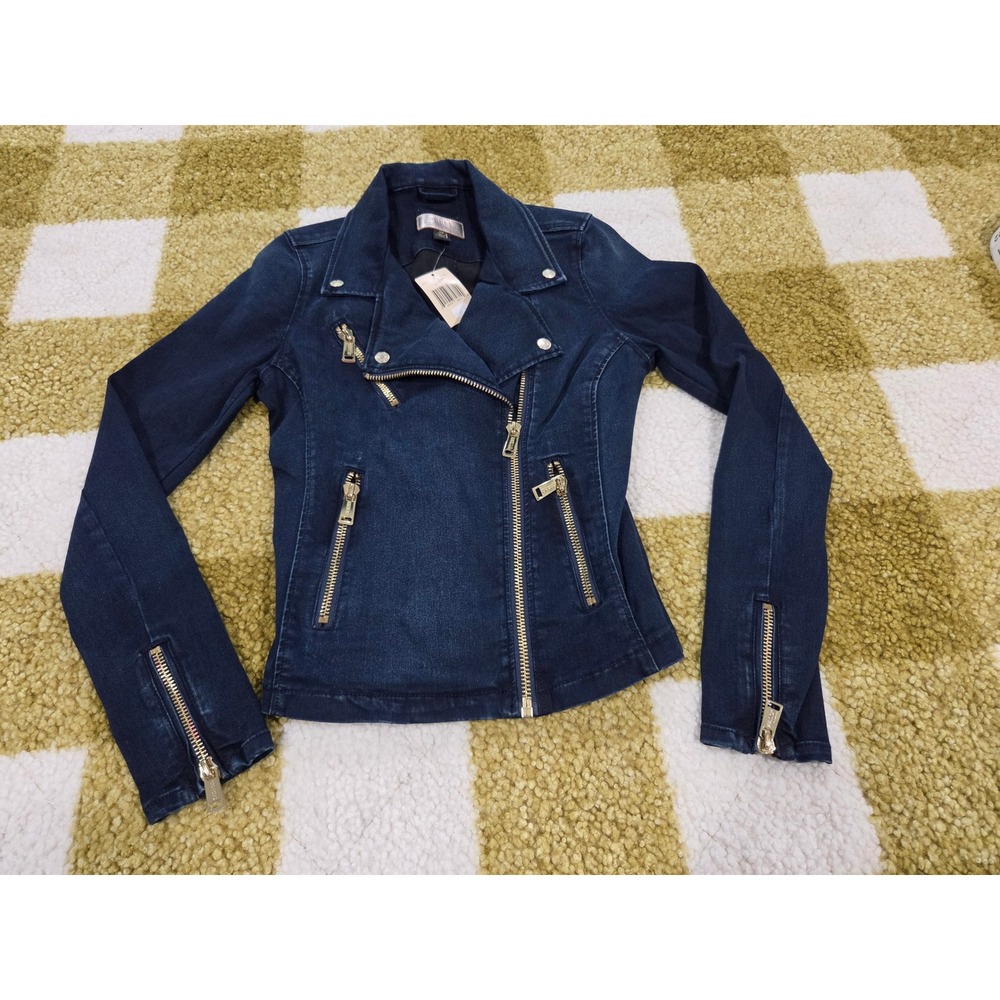 Guess Womens Denim Moto Jacket Dark Wash Gold Zip Indigo Small WYCDNJACK Y2K